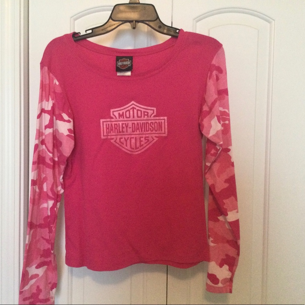 Harley Davidson women’s LS  pink camouflage Sz L shirt